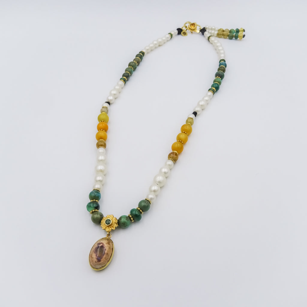 Mala necklace with gemstones and Gold beads, Mexican opal pendant,amber,turqouise,emerald,lemon topaz and white pearls