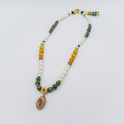 Mala necklace with gemstones and Gold beads, Mexican opal pendant,amber,turqouise,emerald,lemon topaz and white pearls