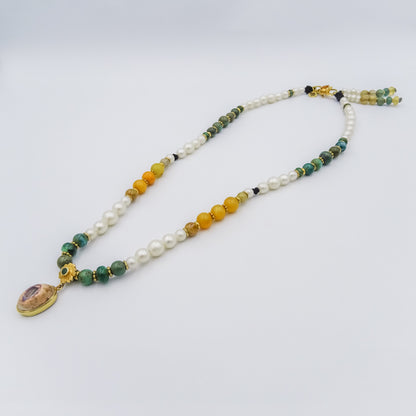Mala necklace with gemstones and Gold beads, Mexican opal pendant,amber,turqouise,emerald,lemon topaz and white pearls