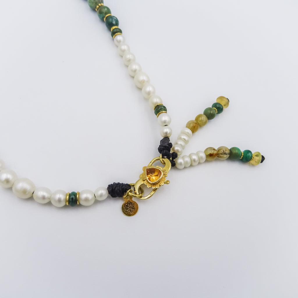 Mala necklace with gemstones and Gold beads, Mexican opal pendant,amber,turqouise,emerald,lemon topaz and white pearls