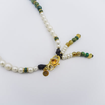 Mala necklace with gemstones and Gold beads, Mexican opal pendant,amber,turqouise,emerald,lemon topaz and white pearls