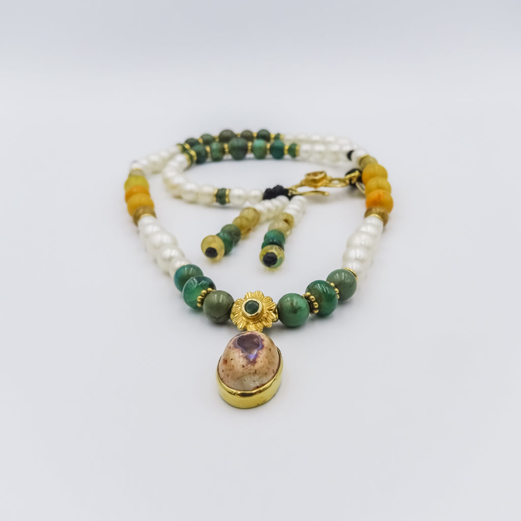Mala necklace with gemstones and Gold beads, Mexican opal pendant,amber,turqouise,emerald,lemon topaz and white pearls