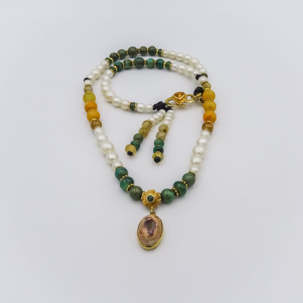 Mala necklace with gemstones and Gold beads, Mexican opal pendant,amber,turqouise,emerald,lemon topaz and white pearls
