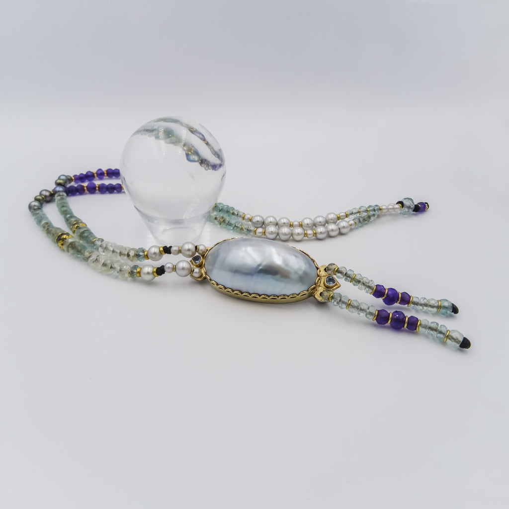 beaded necklace with 18k gold spacing,mother of pearl pendant,aqua marine,amethyst,silver&black pearls