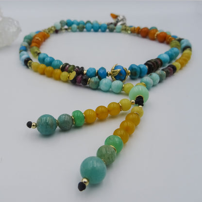 Handcrafted Multi-Gemstone Beaded Necklace with Gold, Silver, Amazonite, Tourmaline, Larimar & Amber
