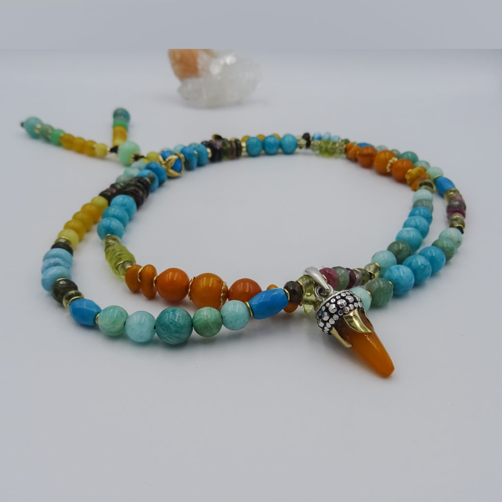 Handcrafted Multi-Gemstone Beaded Necklace with Gold, Silver, Amazonite, Tourmaline, Larimar & Amber