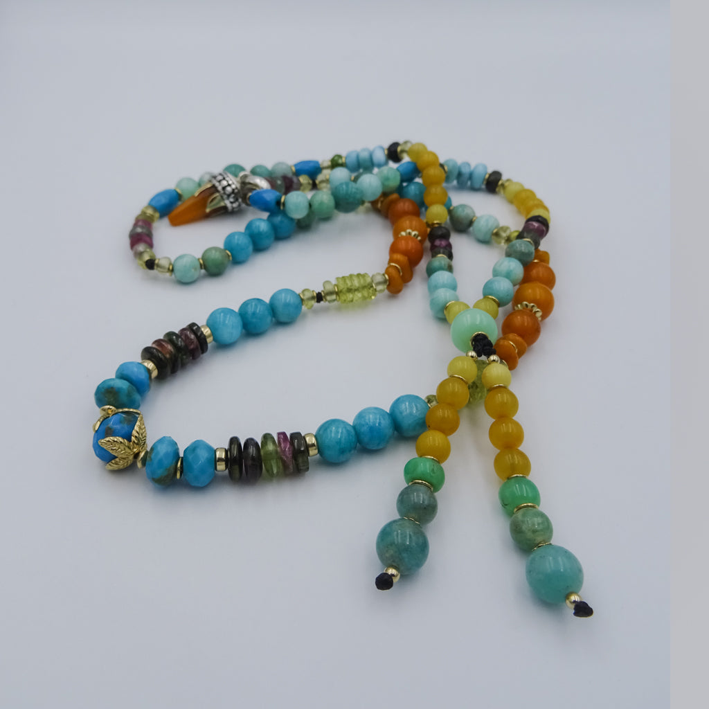 Handcrafted Multi-Gemstone Beaded Necklace with Gold, Silver, Amazonite, Tourmaline, Larimar & Amber