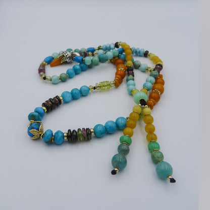 Handcrafted Multi-Gemstone Beaded Necklace with Gold, Silver, Amazonite, Tourmaline, Larimar & Amber