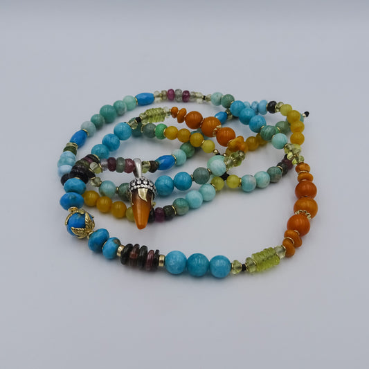 Handcrafted Multi-Gemstone Beaded Necklace with Gold, Silver, Amazonite, Tourmaline, Larimar & Amber