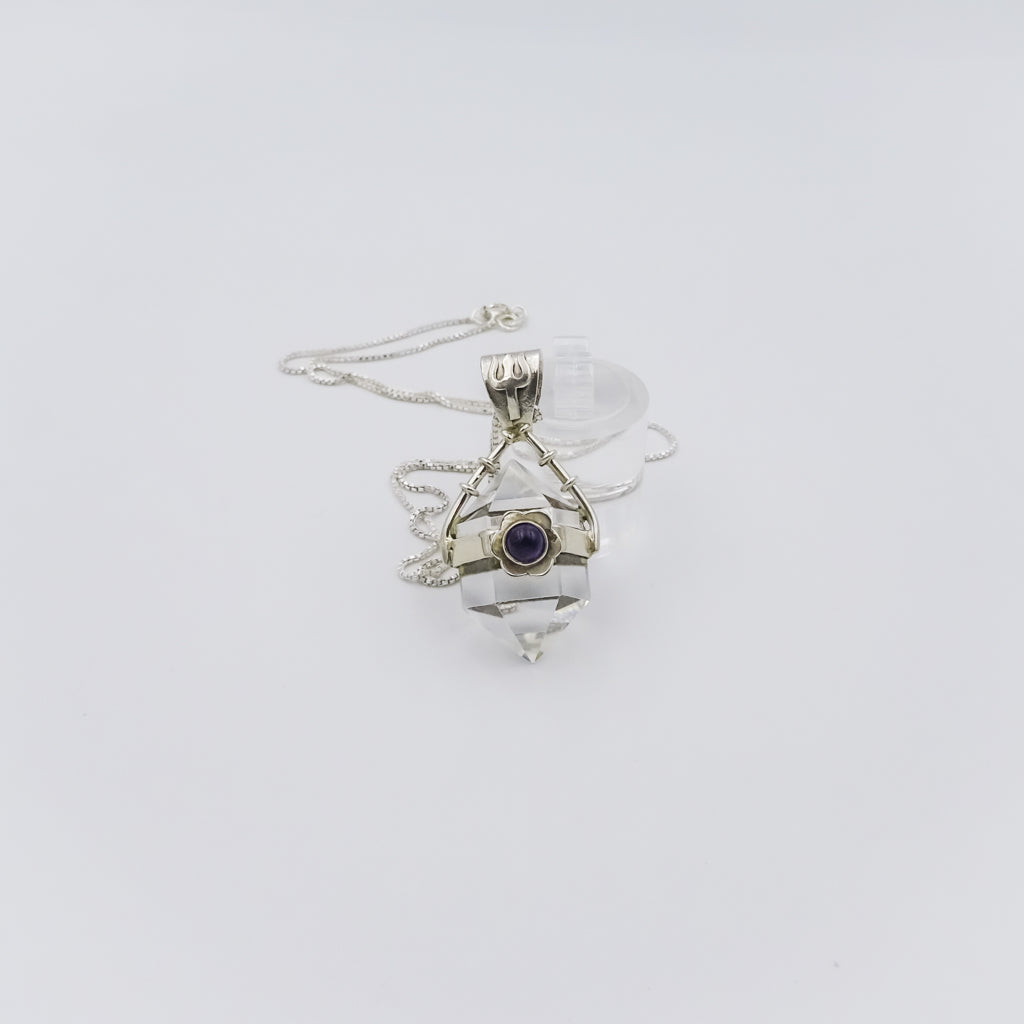 Crystal and Amethyst Pendulum Silver Pendant on a Silver Necklace