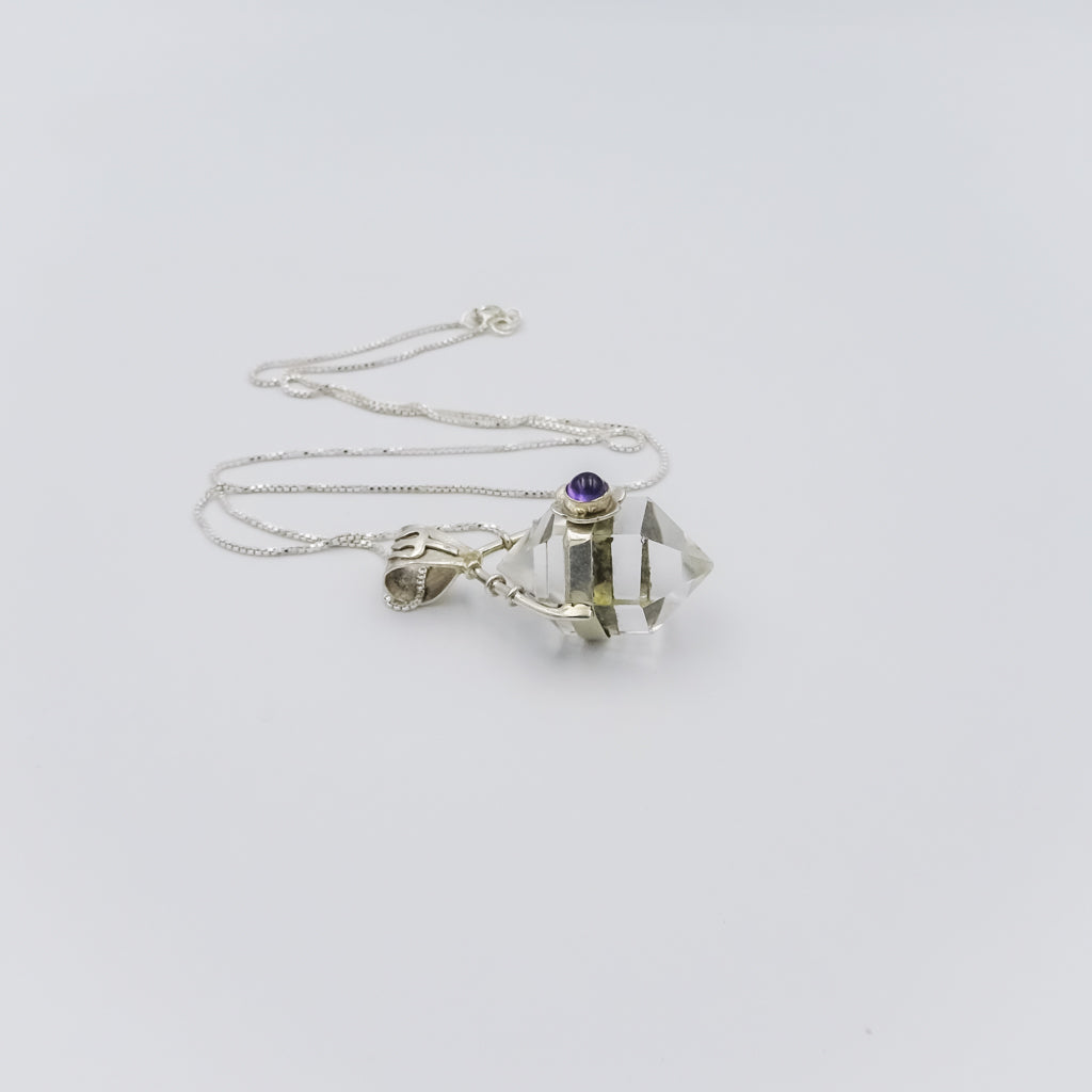 Crystal and Amethyst Pendulum Silver Pendant on a Silver Necklace