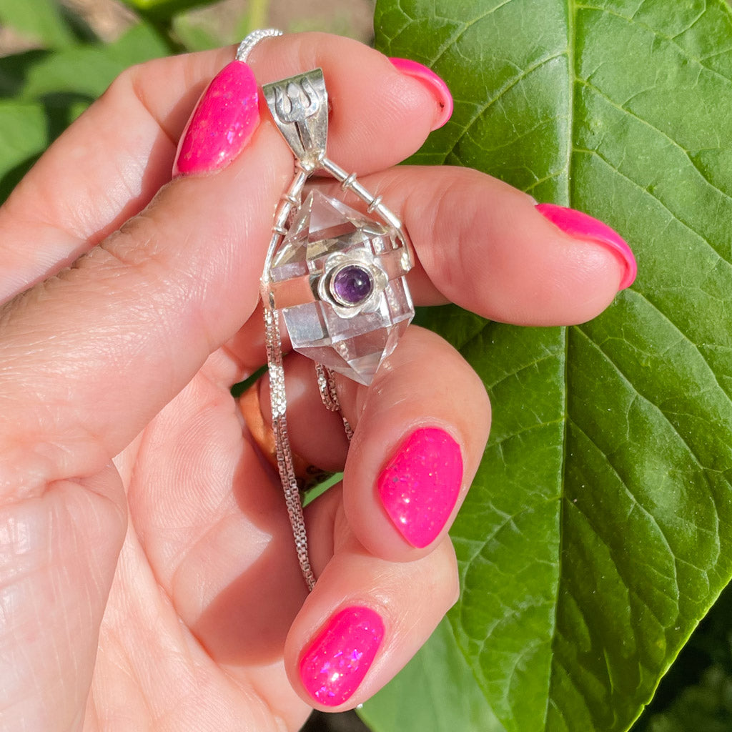 Crystal and Amethyst Pendulum Silver Pendant on a Silver Necklace