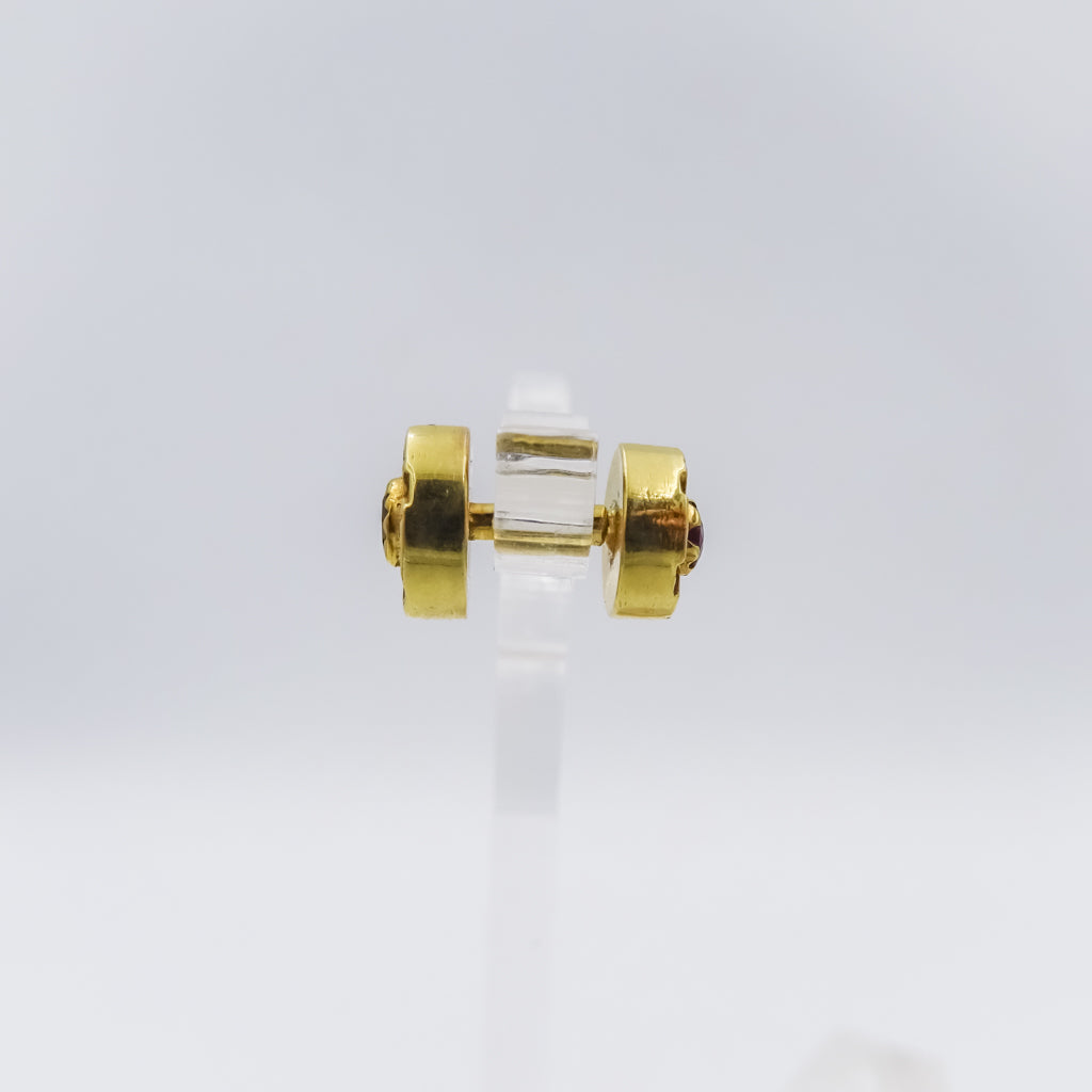 Single 18k gold stud earring with gemstones Double sided ,set with ruby and sapphire,trisul