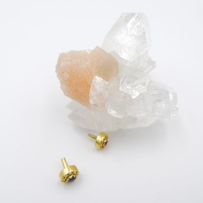 Single 18k gold stud earring with gemstones Double sided ,set with ruby and sapphire