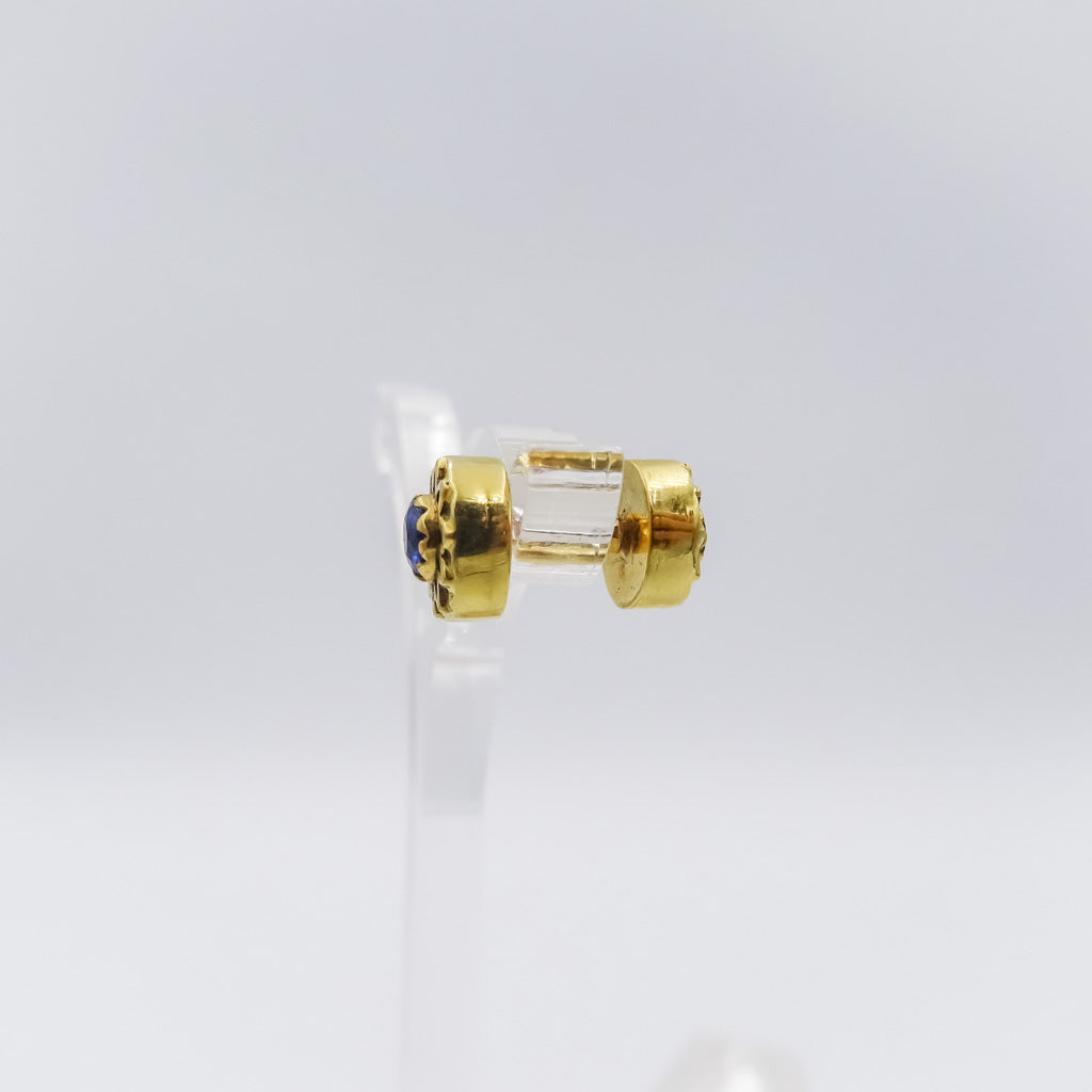 Single 18k gold stud earring with gemstones Double sided ,set with ruby and sapphire