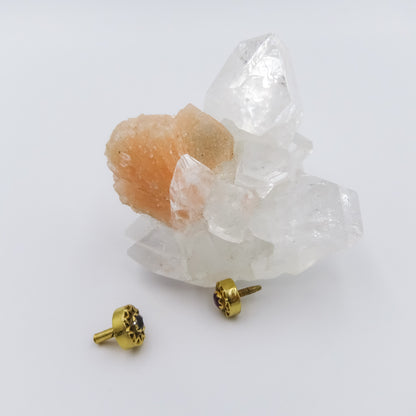 Single 18k gold stud earring with gemstones Double sided ,set with sapphire and ruby