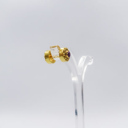 Single 18k gold stud earring with gemstones Double sided ,set with sapphire and ruby