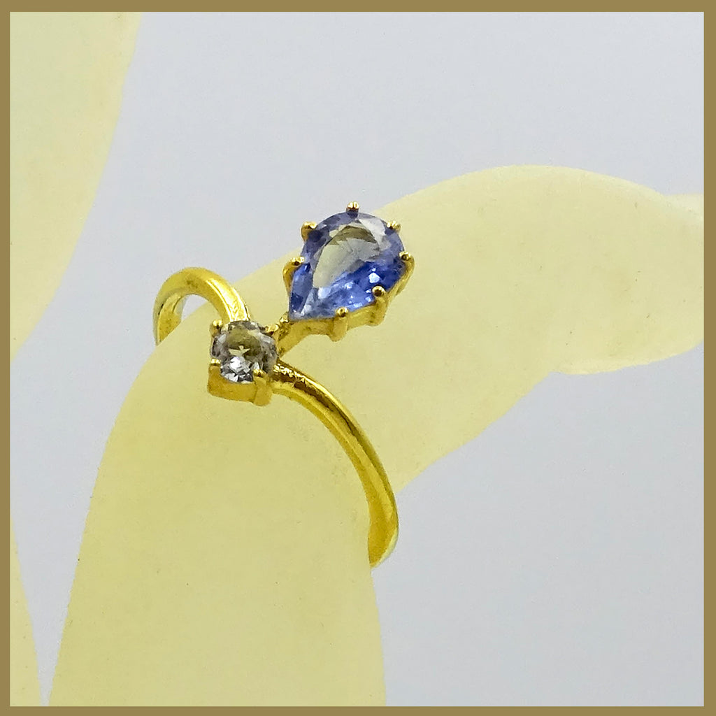 Adjustable Gold-Plated Silver Ring with Iolite and Quartz