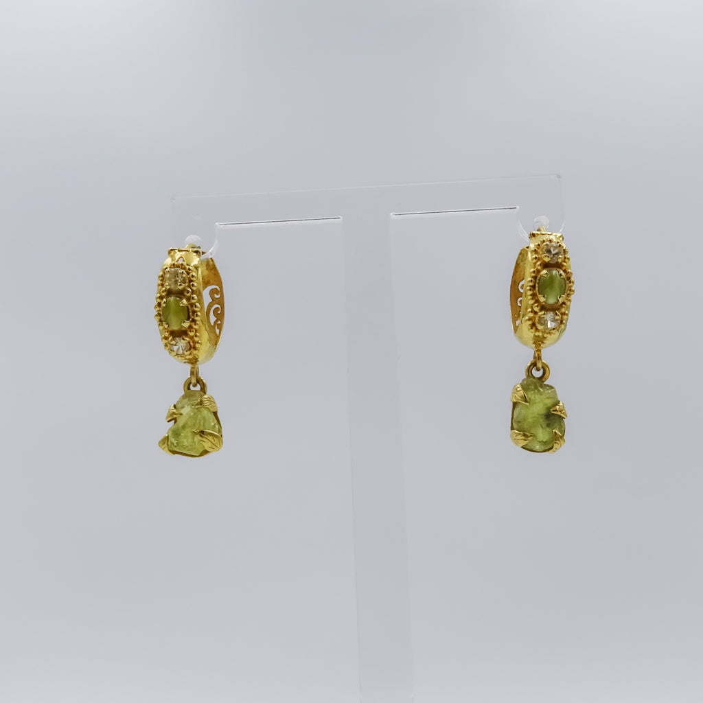 18k Gold Hoop Earrings with Engraving ,Rough Cat’s Eye Gemstone Drops and diamonds