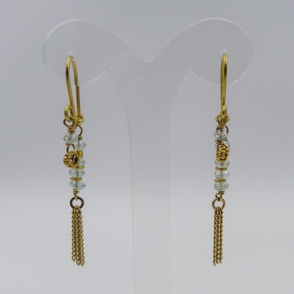 18\22k Gold and Aquamarine Drop Earrings with Chain Tassels
