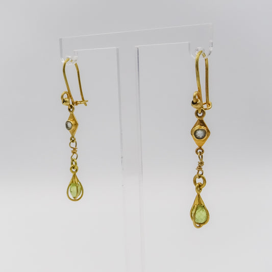 18K Gold Drop Earrings with Aquamarine and Peridot