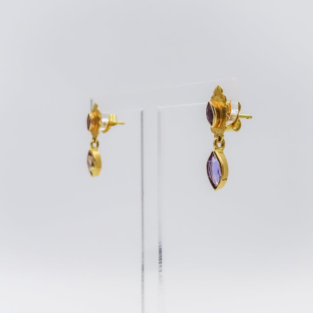 18K Gold Leaf Earrings with Marquise-Cut Amethyst
