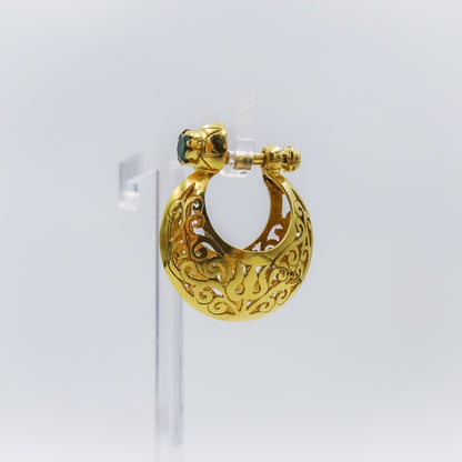 18K Gold Filigree Single Drop Earring with Emerald Accent and trisul