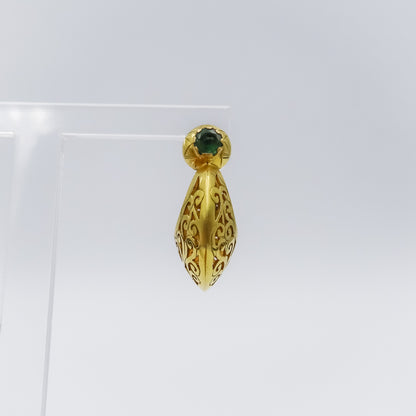 18K Gold Filigree Single Drop Earring with Emerald Accent and trisul