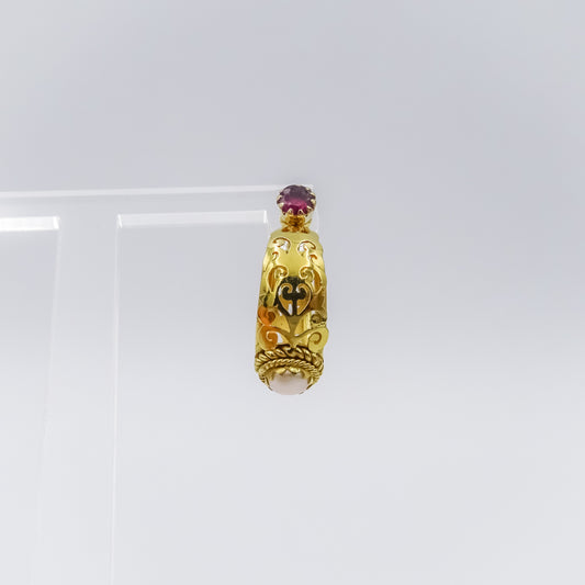 18K Gold Filigree single Earring with Ruby and Pearl