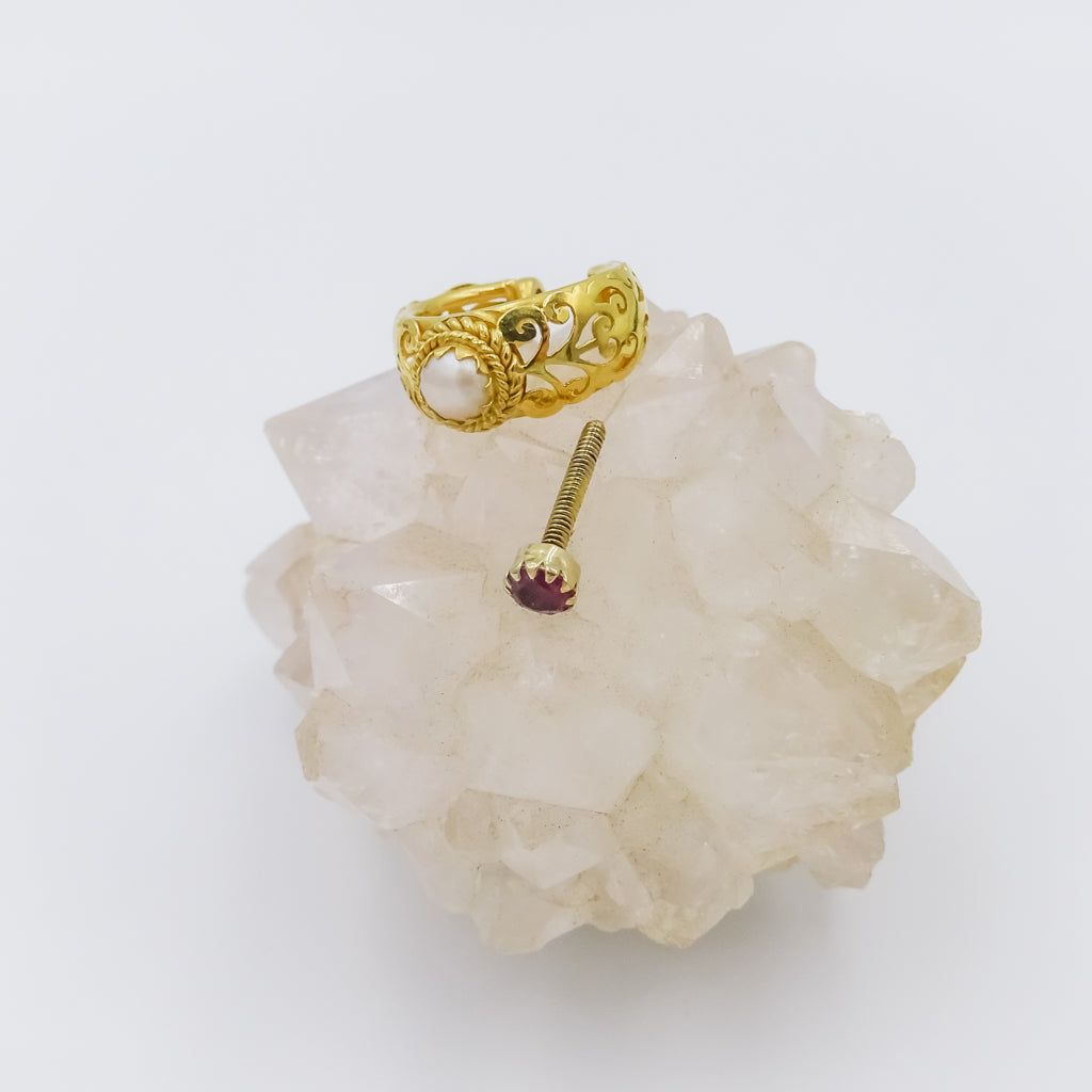 18K Gold Filigree single Earring with Ruby and Pearl