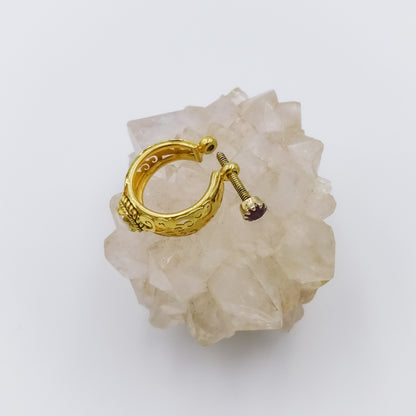 18K Gold Filigree single Earring with Ruby and Pearl