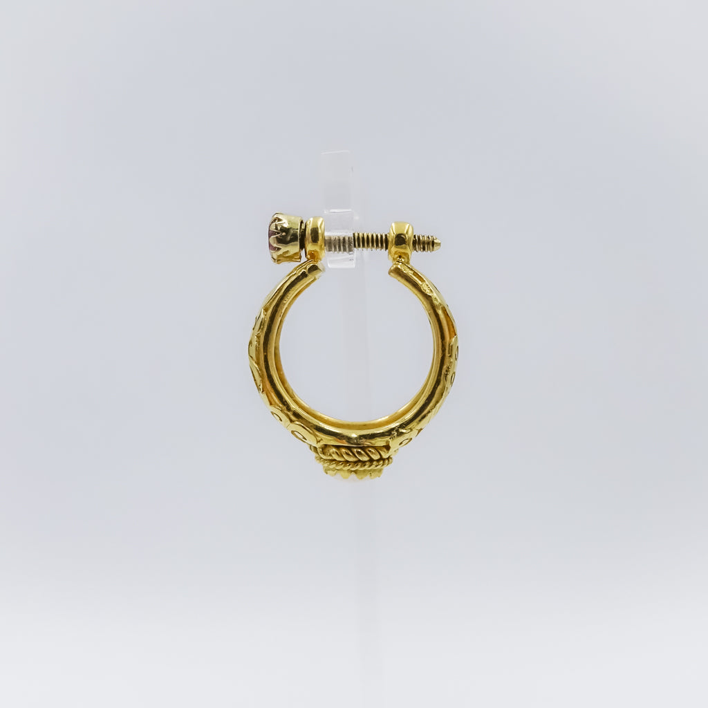 18K Gold Filigree single Earring with Ruby and Pearl