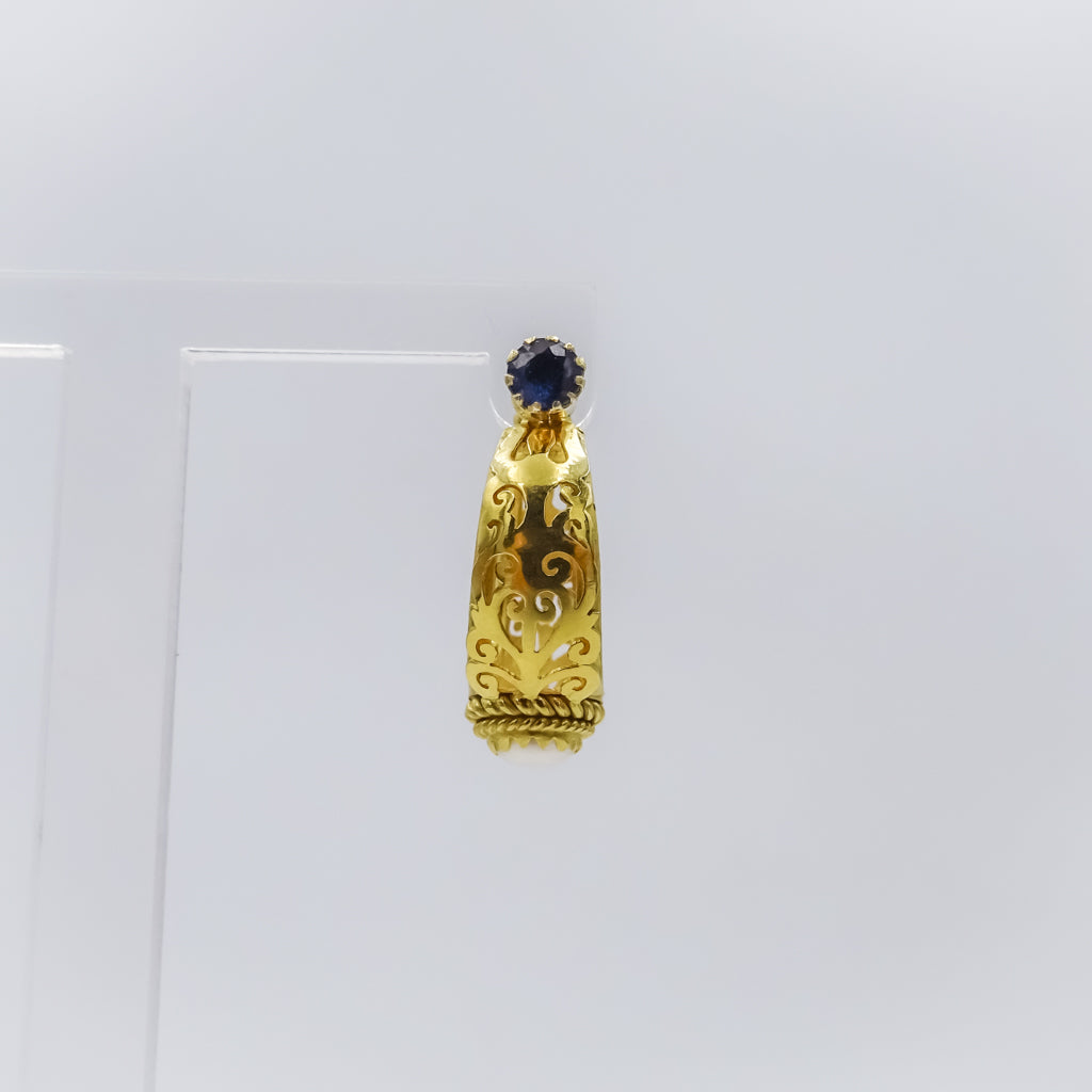 18K Gold Filigree single Earring with Sapphire and Pearl