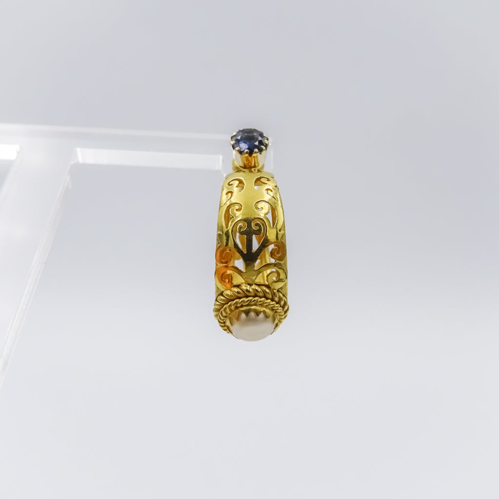 18K Gold Filigree single Earring with Sapphire and Pearl