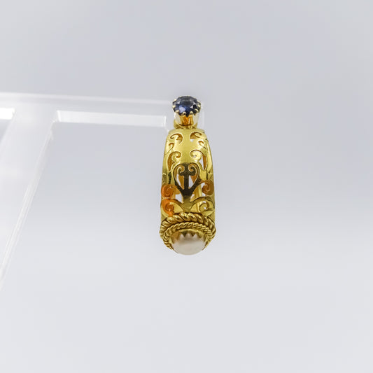 18K Gold Filigree single Earring with Sapphire and Pearl