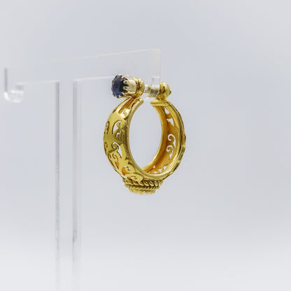 18K Gold Filigree single Earring with Sapphire and Pearl