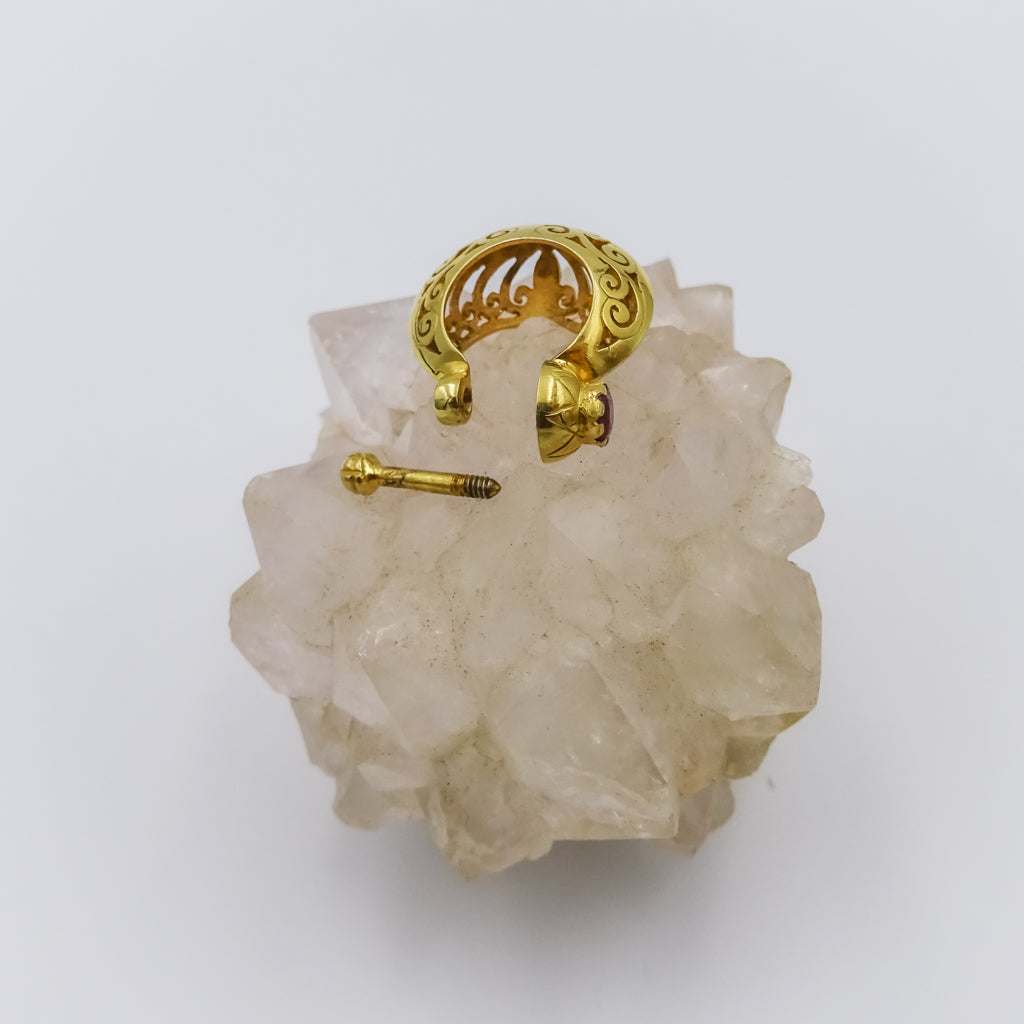 Intricately Carved 18K Gold Hoop Earring with Ruby Accent