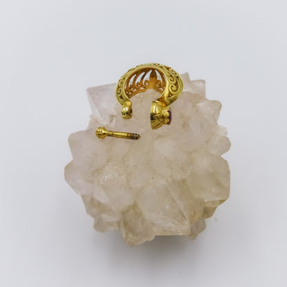 Intricately Carved 18K Gold Hoop Earring with Ruby Accent