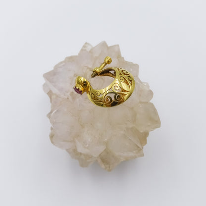 Intricately Carved 18K Gold Hoop Earring with Ruby Accent