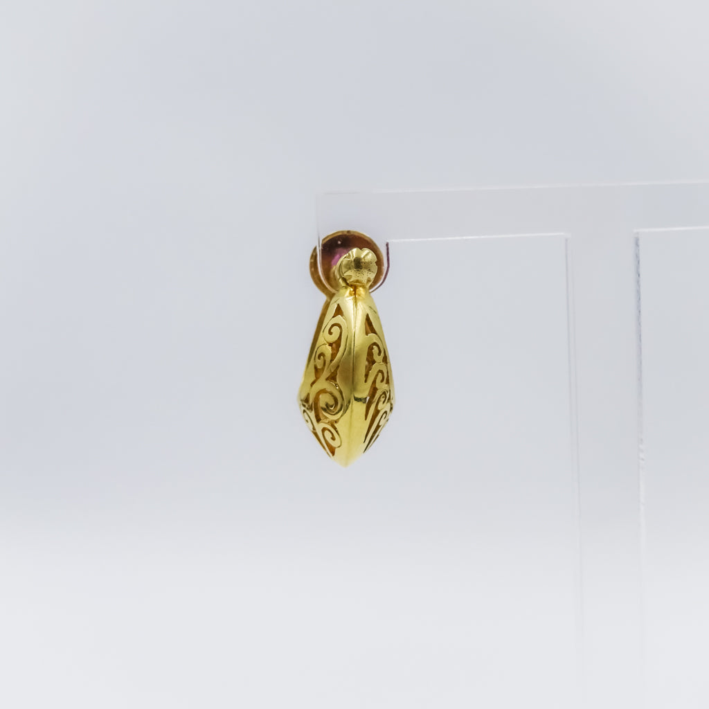 Intricately Carved 18K Gold Hoop Earring with Ruby Accent