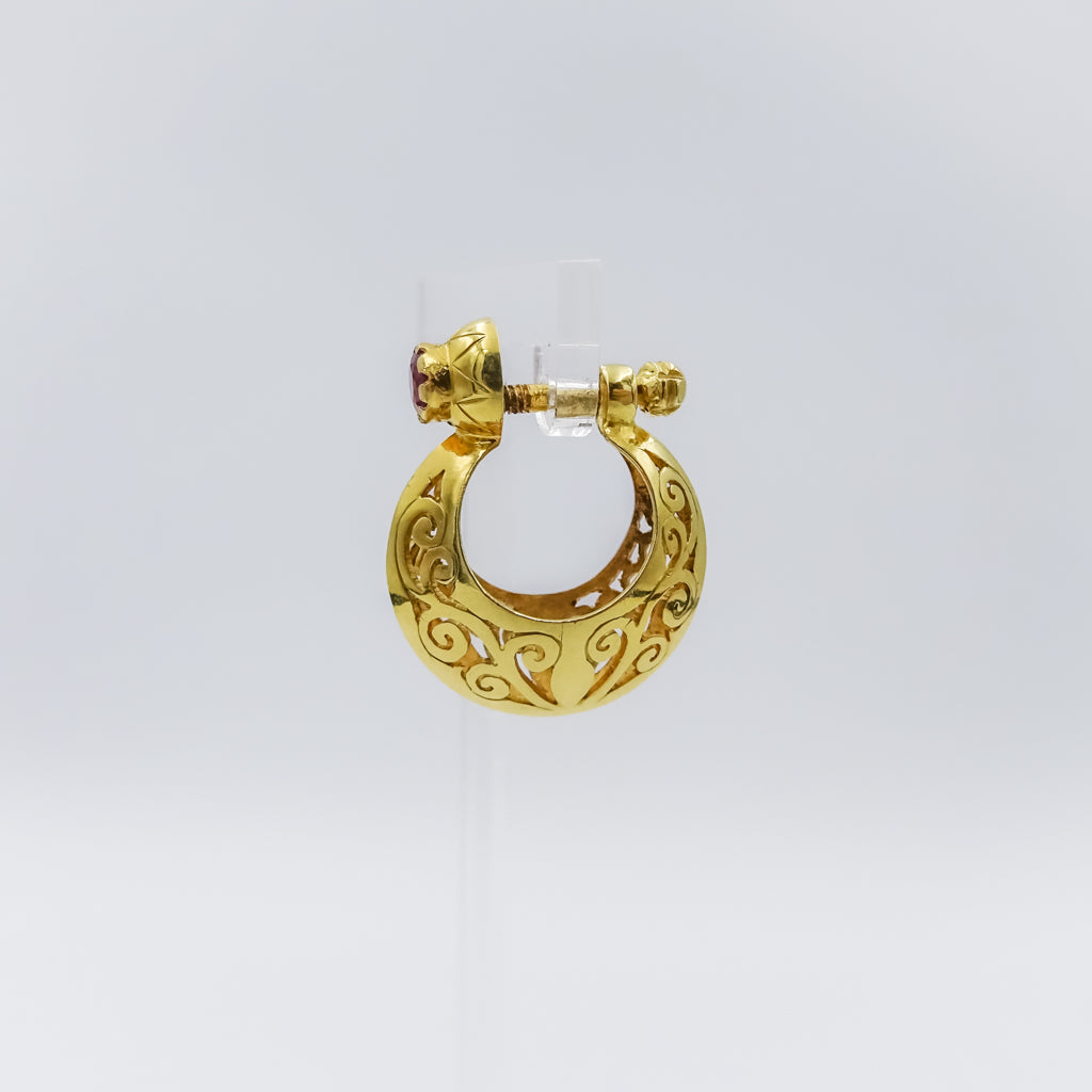 Intricately Carved 18K Gold Hoop Earring with Ruby Accent
