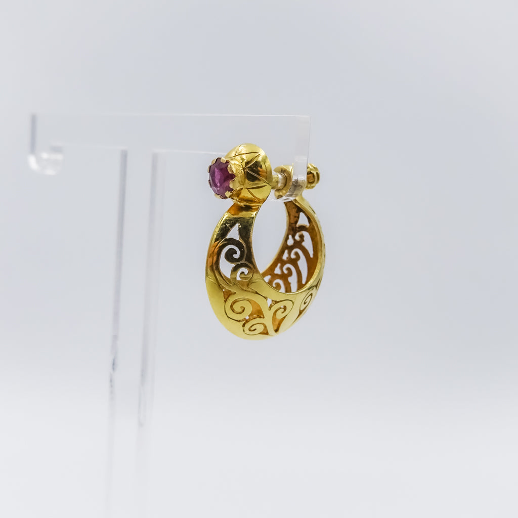 Intricately Carved 18K Gold Hoop Earring with Ruby Accent