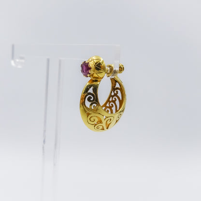 Intricately Carved 18K Gold Hoop Earring with Ruby Accent