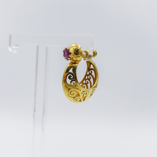 Intricately Carved 18K Gold Hoop Earring with Ruby Accent