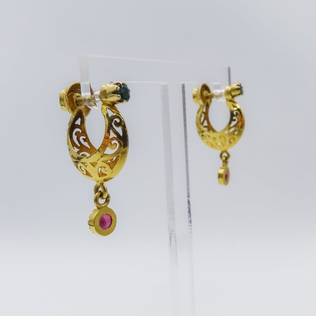 18K Gold Filigree Drop Earring with Ruby and Emerald