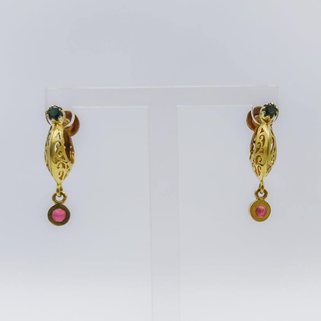 18K Gold Filigree Drop Earring with Ruby and Emerald
