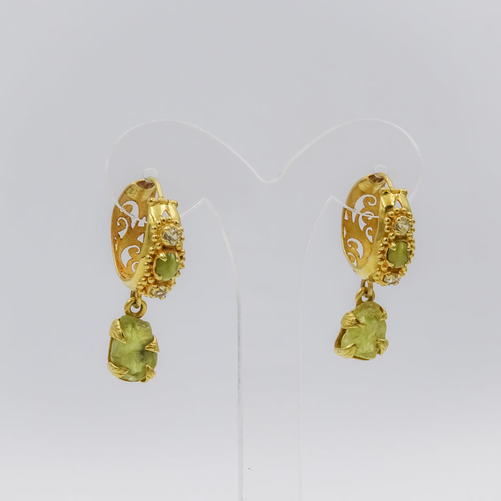 18k Gold Hoop Earrings with Engraving and Rough Cat’s Eye Gemstone Drops