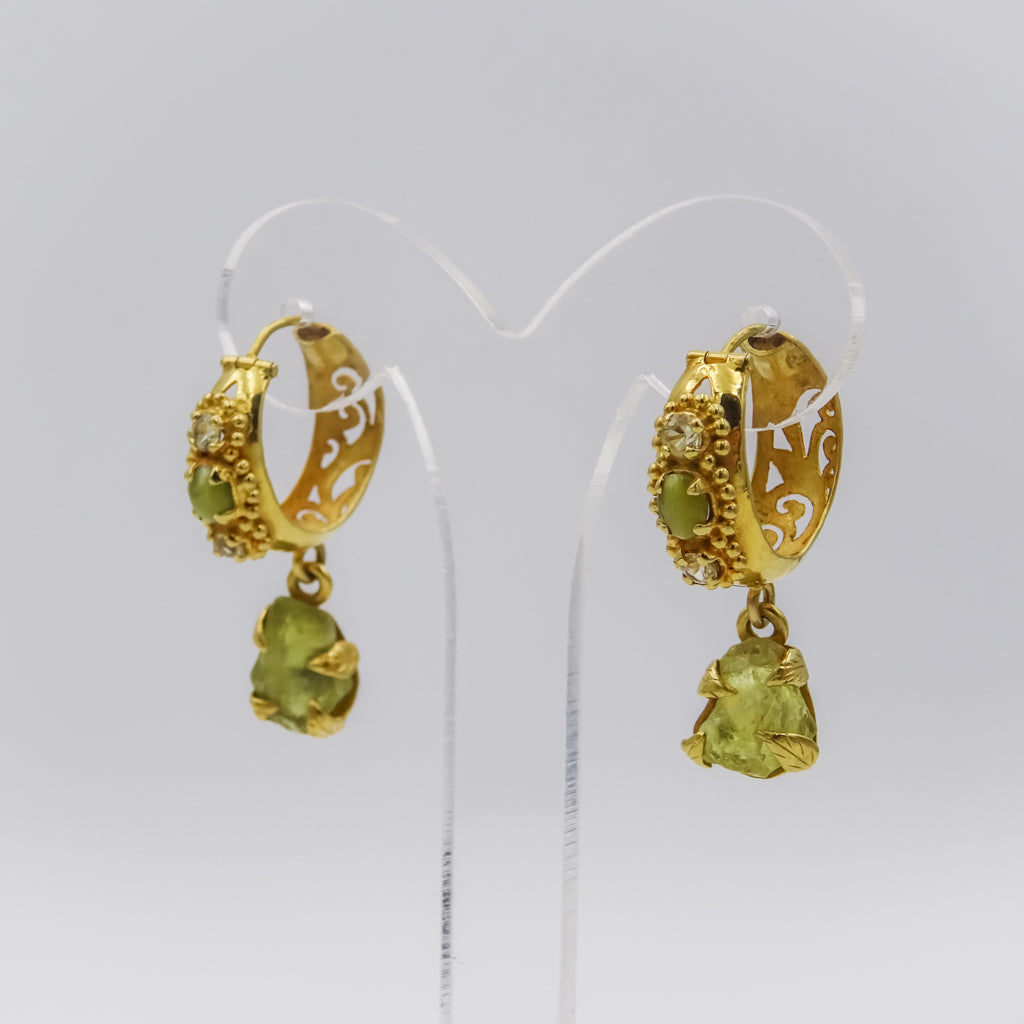 18k Gold Hoop Earrings with Engraving and Rough Cat’s Eye Gemstone Drops