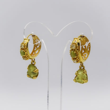18k Gold Hoop Earrings with Engraving and Rough Cat’s Eye Gemstone Drops
