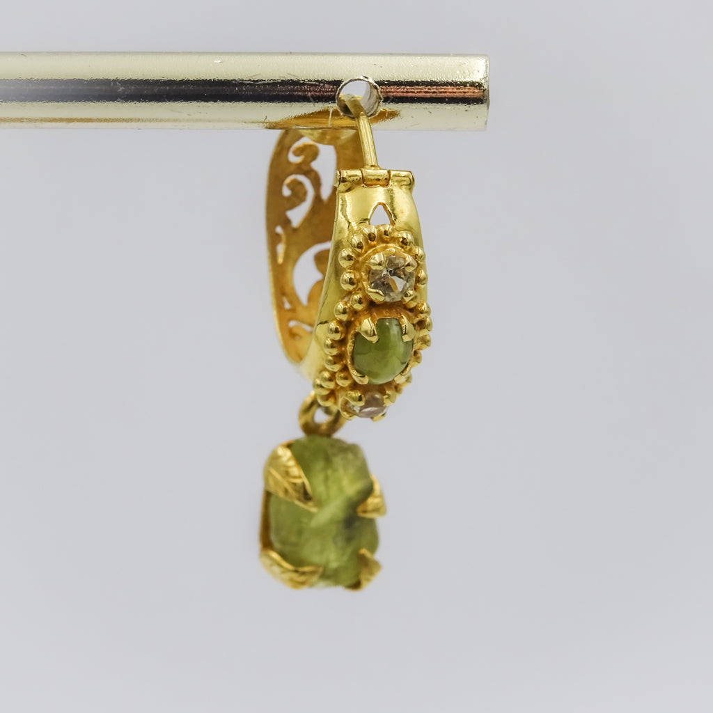 18k Gold Hoop Earrings with Engraving and Rough Cat’s Eye Gemstone Drops